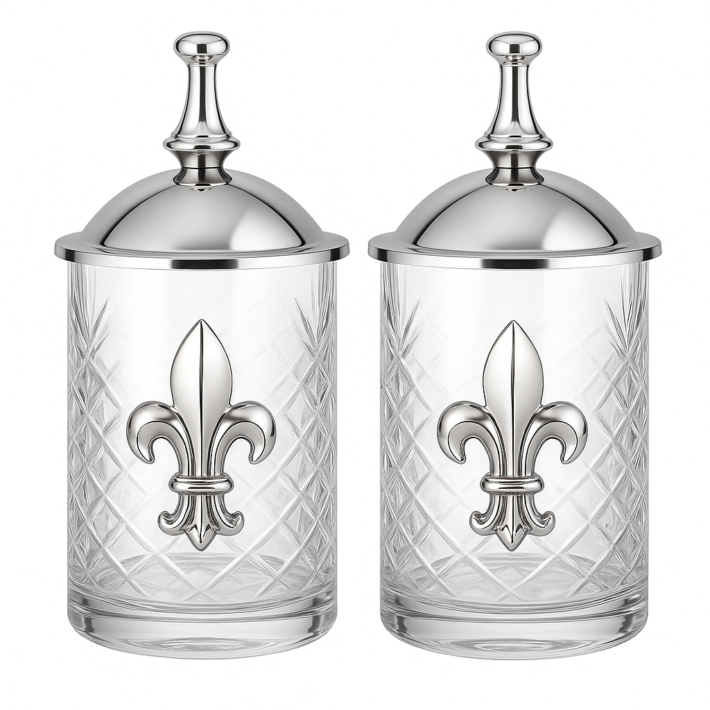 Silver 5"H Fleur De Lis Emblem on Etched Glass  Jar with Lid, Bathroom Mouthwash Glass. Set of 2