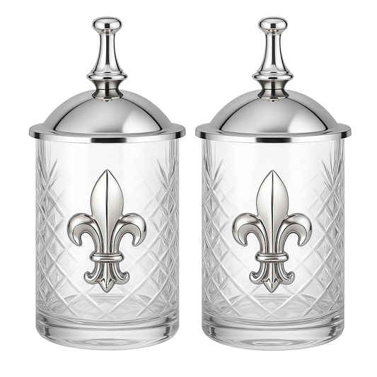 Silver 5"H Fleur De Lis Emblem on Etched Glass  Jar with Lid, Bathroom Mouthwash Glass. Set of 2