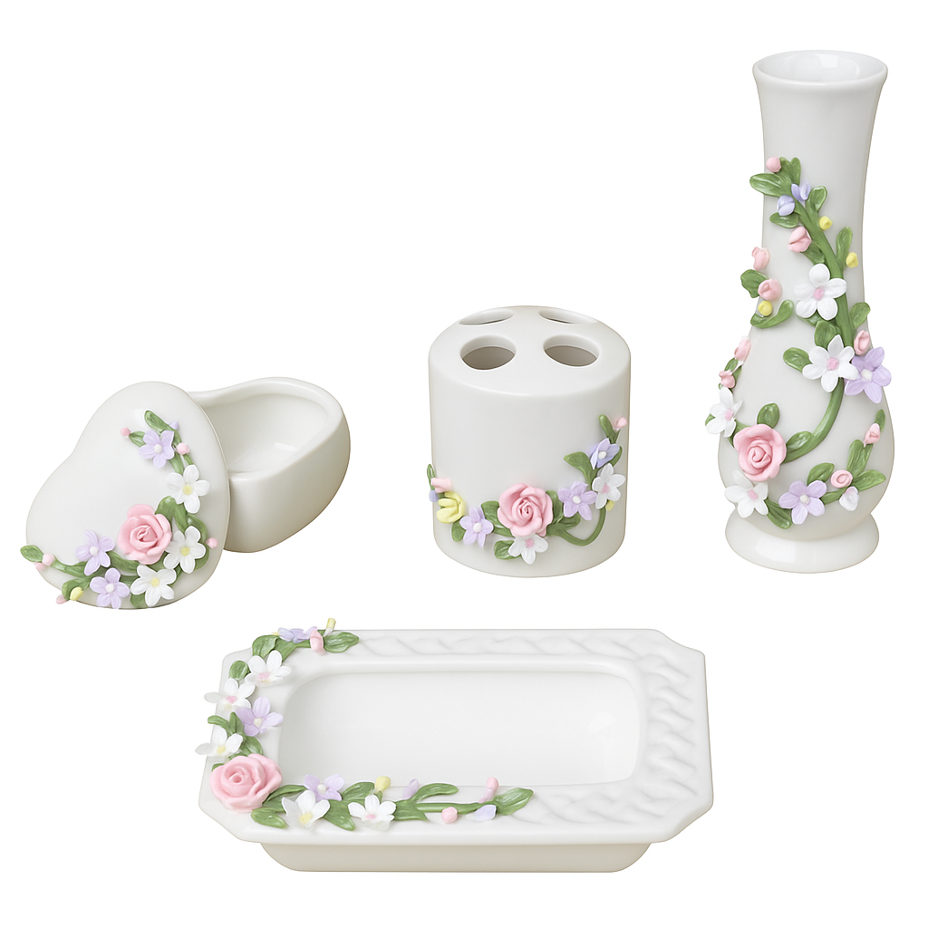 Porcelain Floral Bathroom Accessory Set – 4-Piece Ceramic Decor (Soap Dish, Toothbrush Holder, Flower Bud Vase & Heart Holder with Lid)