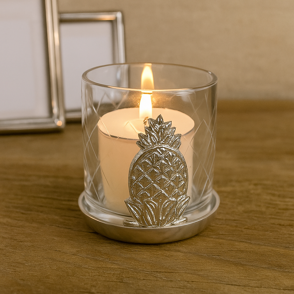 Silver Pineapple Votive Etched Glass Holder - Set of 3
