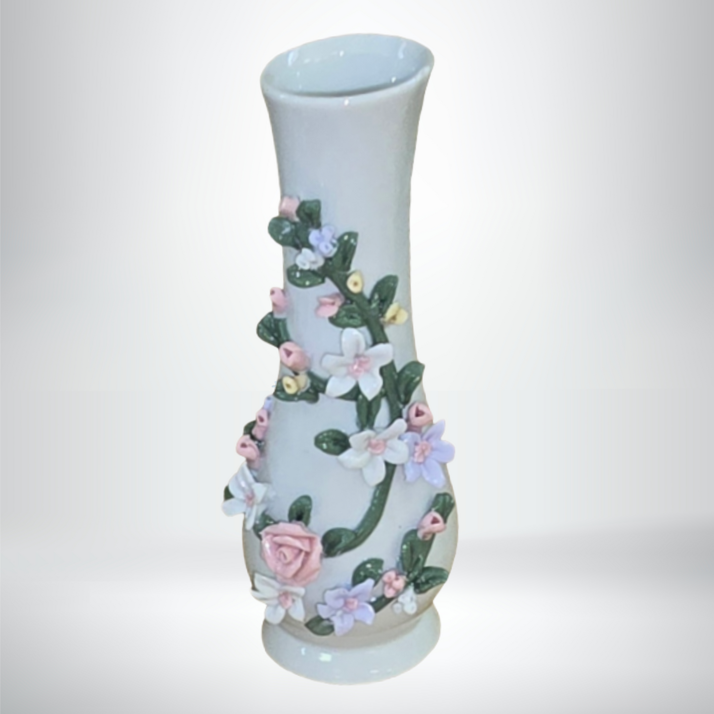 Porcelain Floral Bathroom Accessory Set – 4-Piece Ceramic Decor (Soap Dish, Toothbrush Holder, Flower Bud Vase & Heart Holder with Lid)