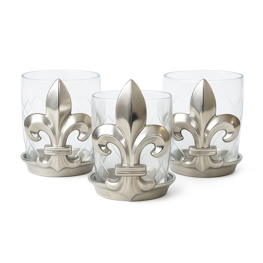 Silver Fleur de Lis Base & Glass Votive Cup,  - Set of 3