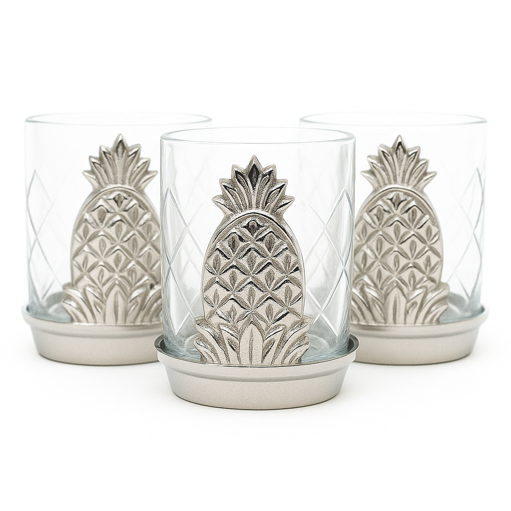 Silver Pineapple Votive Etched Glass Holder - Set of 3