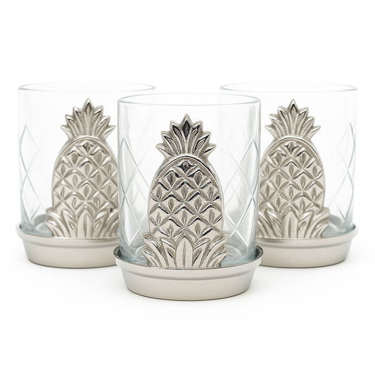 Silver Pineapple Votive Etched Glass Holder - Set of 3
