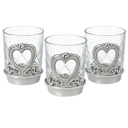 Silver Base & Etched Glass Votive Candle Holder Cup - Set of 3