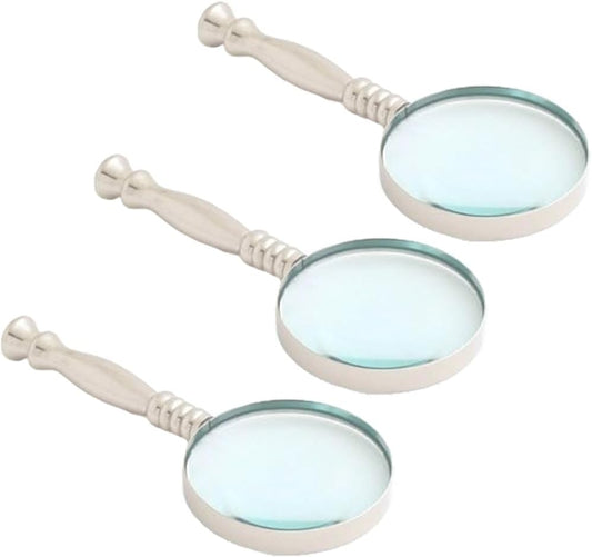Silver Handheld Magnifying Glasses with Handles – Set of 3. Vintage Style Metal Frame, High Clarity Lens for Reading, Crafts, Inspection & Collectibles