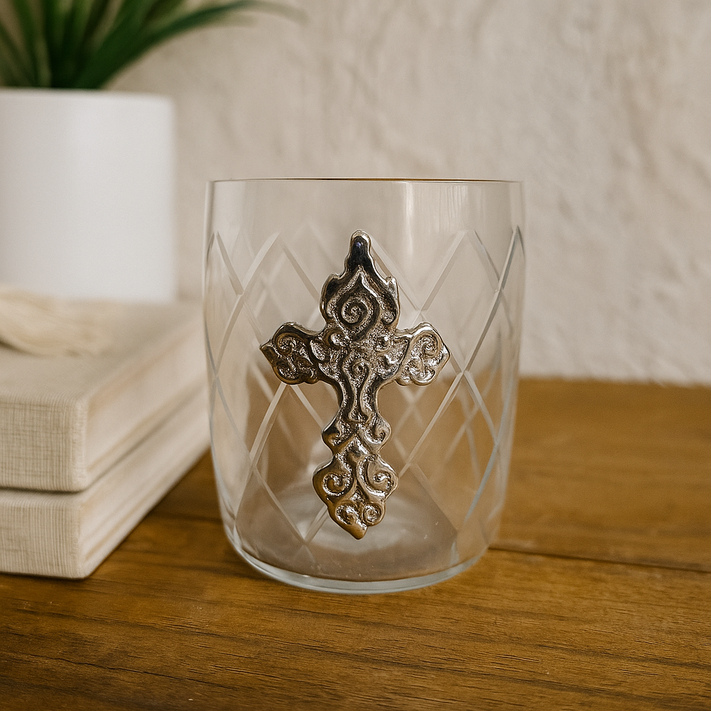 Silver Cross On Glass Votive Candle Holder.  - Set of 3