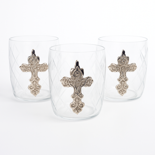 Silver Cross On Glass Votive Candle Holder.  - Set of 3