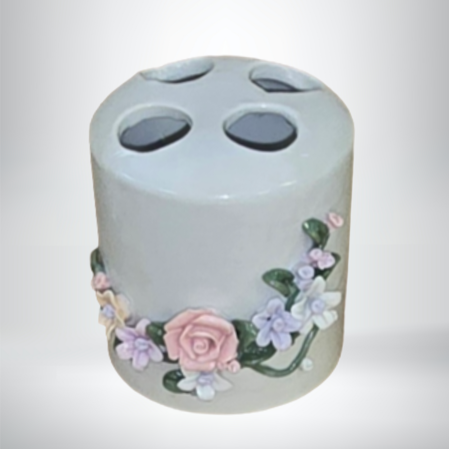Porcelain Floral Bathroom Accessory Set – 4-Piece Ceramic Decor (Soap Dish, Toothbrush Holder, Flower Bud Vase & Heart Holder with Lid)