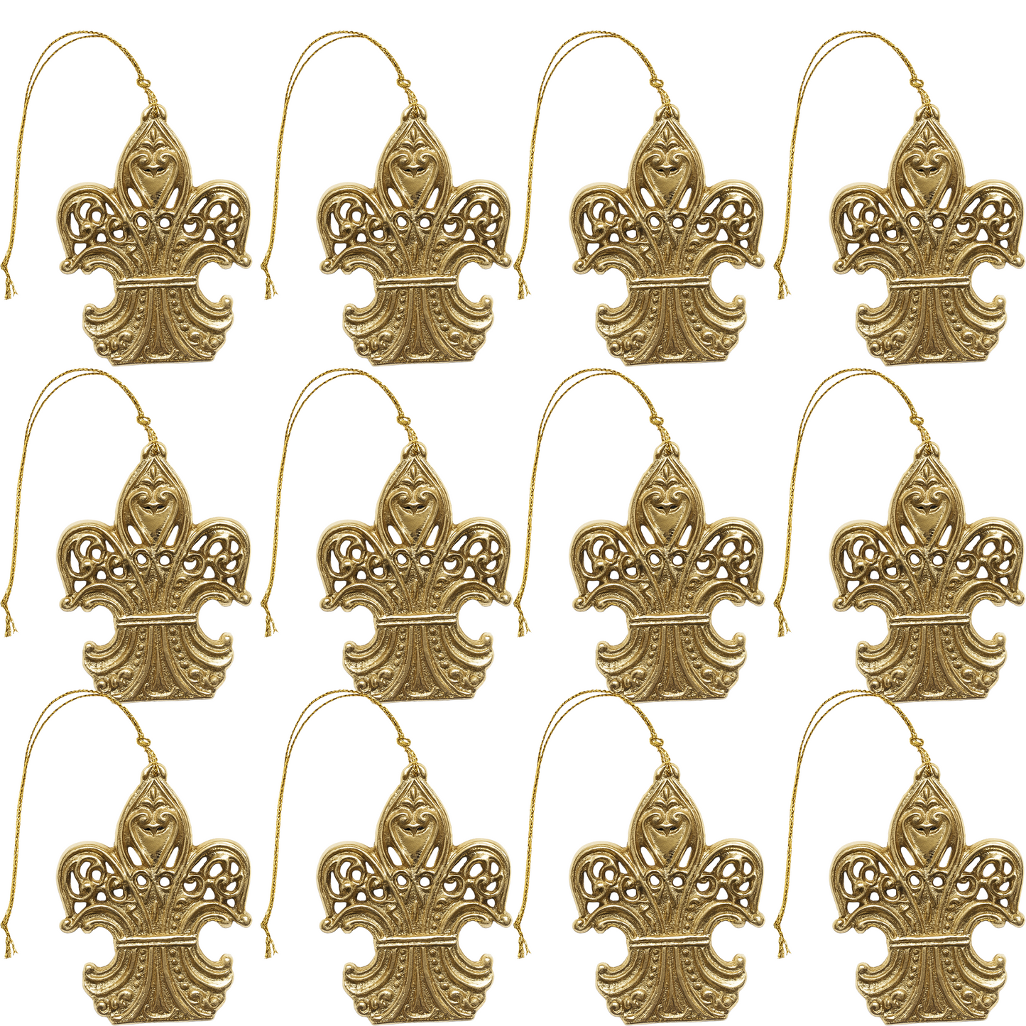 Solid Brass Fleur de Lis Ornaments, 2 3/4 Inch H x 2"W, Set of 12 – Classic French Lily Emblem for Christmas Tree, Wreaths, Garland and Home Décor