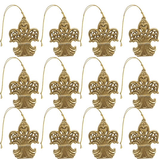 Solid Brass Fleur de Lis Ornaments, 2 3/4 Inch H x 2"W, Set of 12 – Classic French Lily Emblem for Christmas Tree, Wreaths, Garland and Home Décor