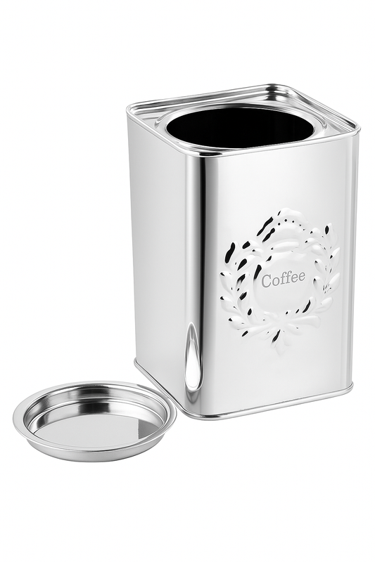Silver Coffee Canister 6" x 4" Silver Storage Container with Lid, Decorative Embossed Coffee Design. Kitchen Accessory.