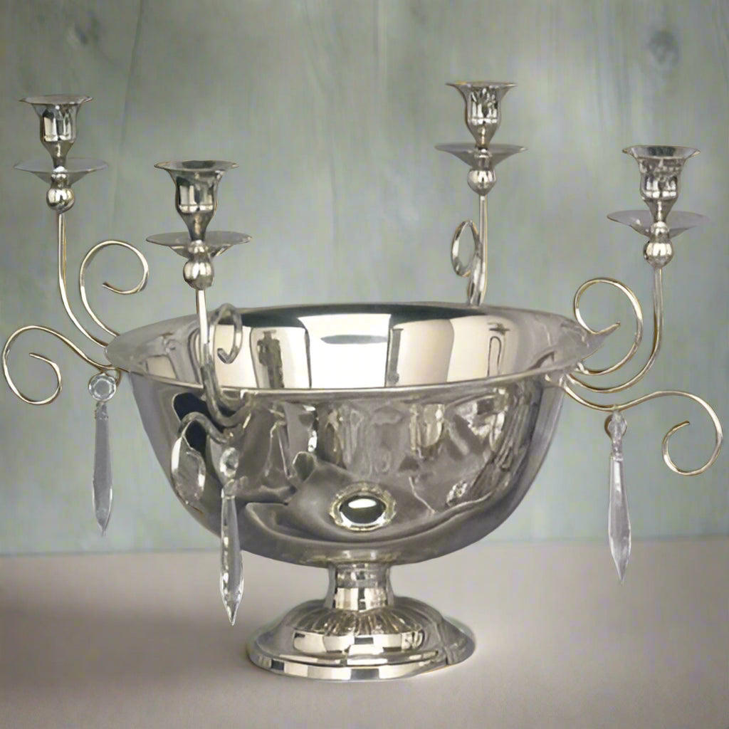 Nickel Centerpiece Bowl with four candle holders. Tarnish Resistant.