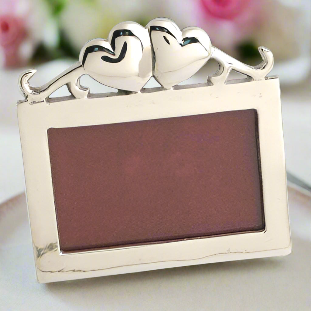Silver Heart Picture Frame, Place Card Holder. Wedding Favor, Holds a 2"H x 3"W photo - Set of 3 - Bridal Party Wedding Favor.